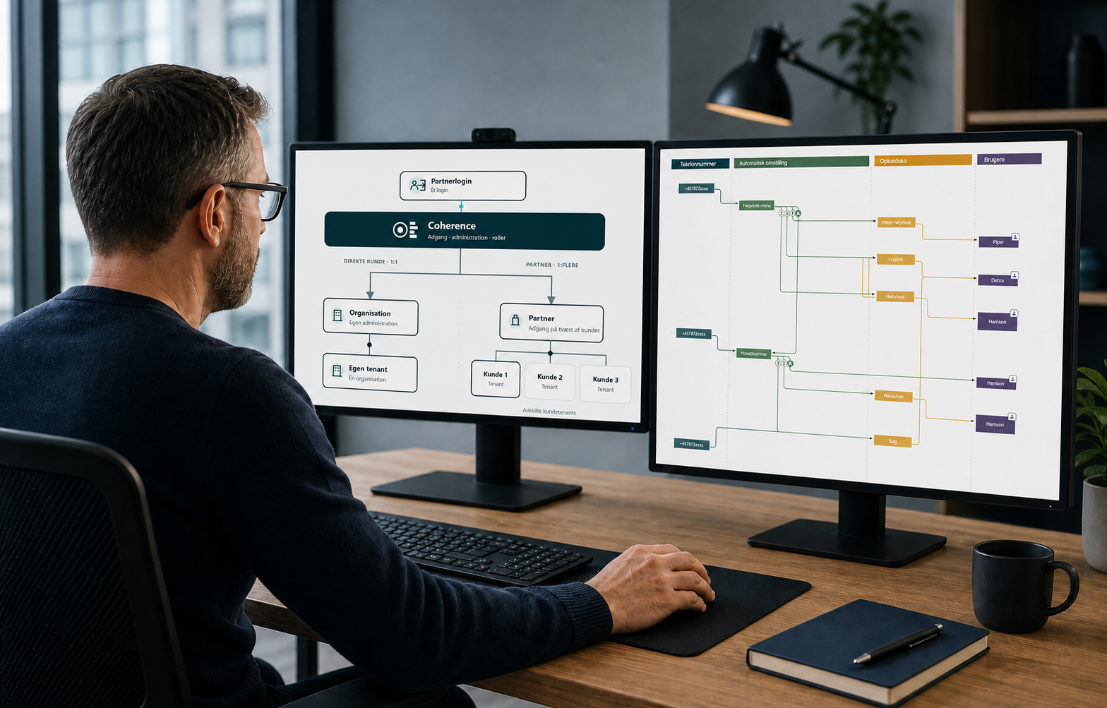 Partner arbejder med Coherence-adgang på tværs af adskilte kundemiljøer og Call Flow Designer.