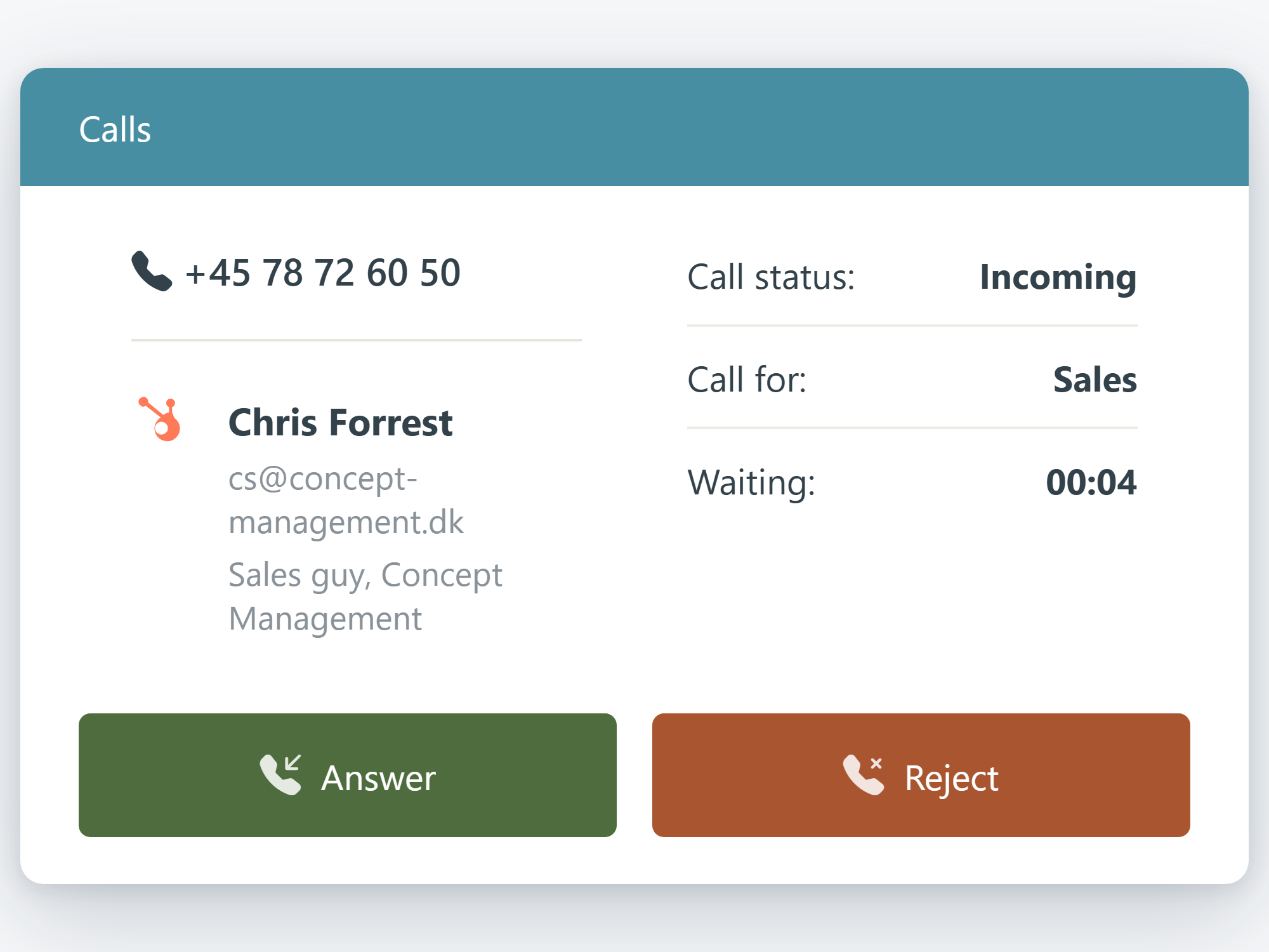 The Wito Attendant displays an incoming call and the relevant queue.