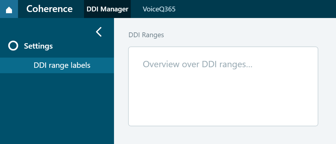 The Coherence side menu with the Settings menu item and the DDI range labels submenu item highlighted.