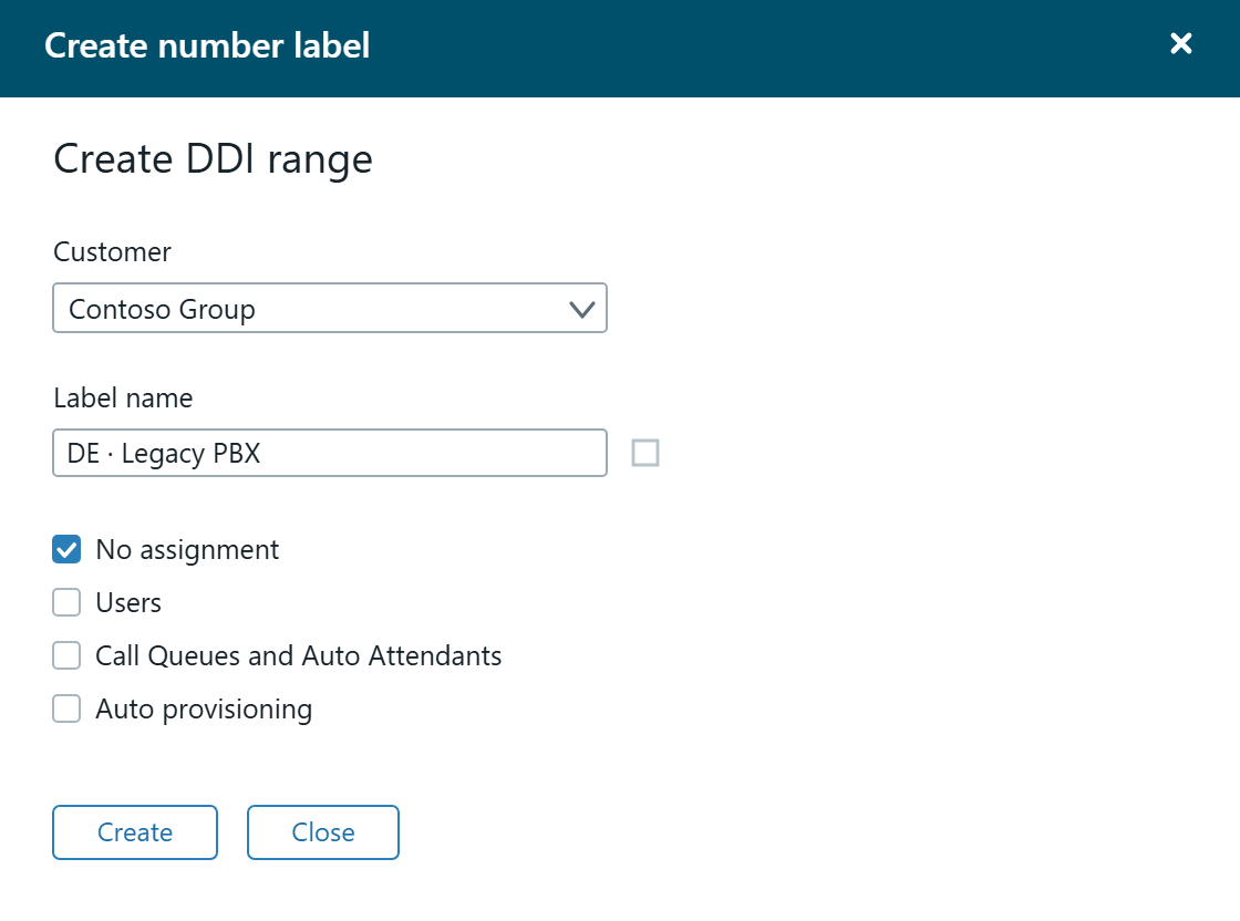 The Create number label panel in DDI Manager with the Customer and Label name fields filled in and the No assignment capability selected.