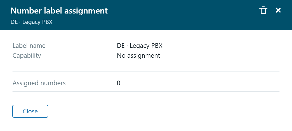 The Number label assignment detail panel in DDI Manager with Label name, Capability and Assigned numbers plus a bin icon.
