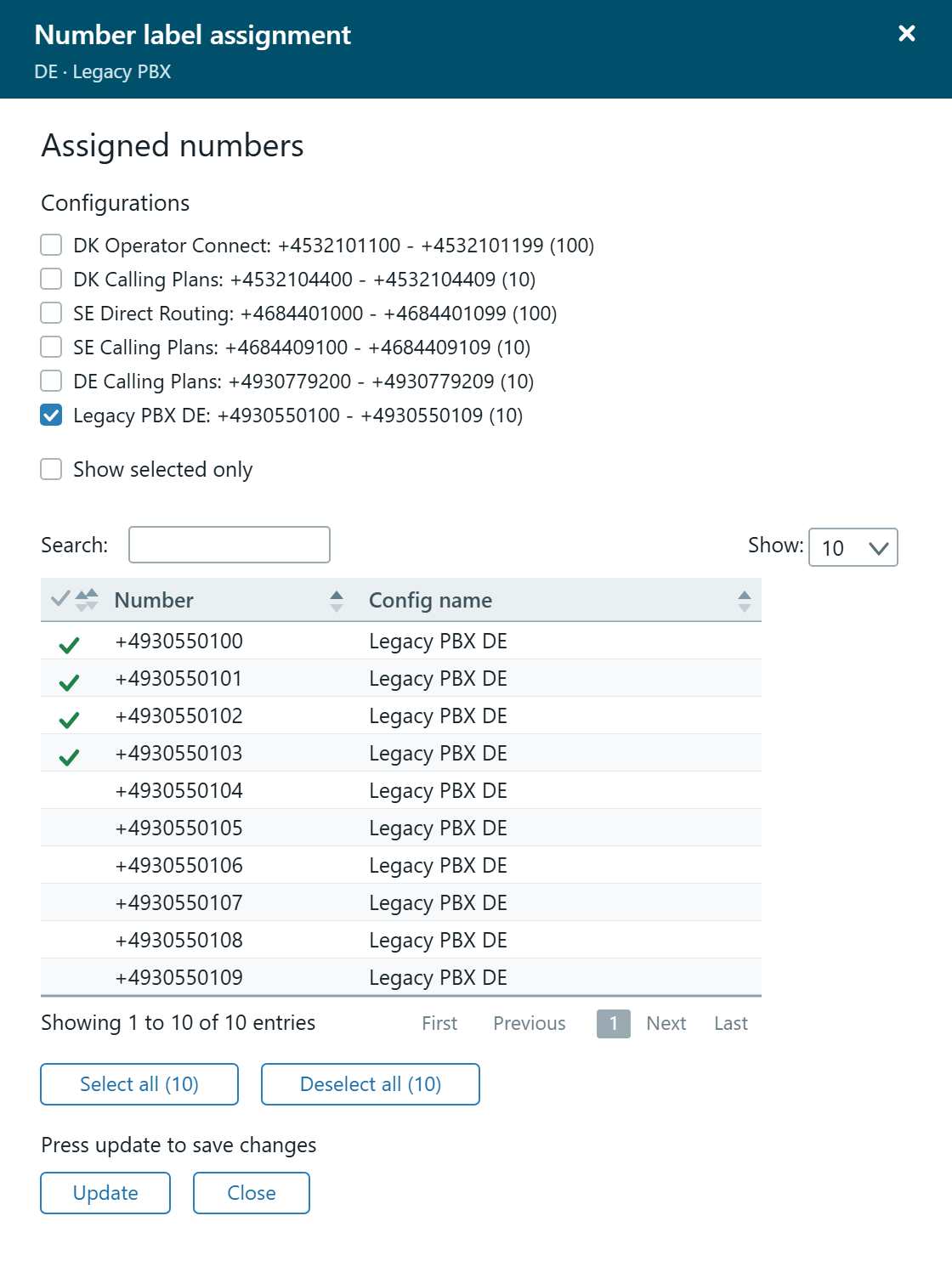 The number picker in DDI Manager with the number range Legacy PBX DE selected as a filter and four numbers marked with a green tick.