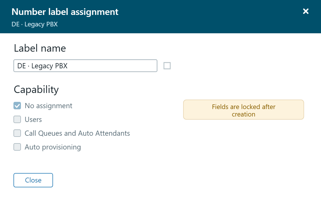 The edit view of a label where the name field can be edited while the four checkboxes under Capability are greyed out and locked.