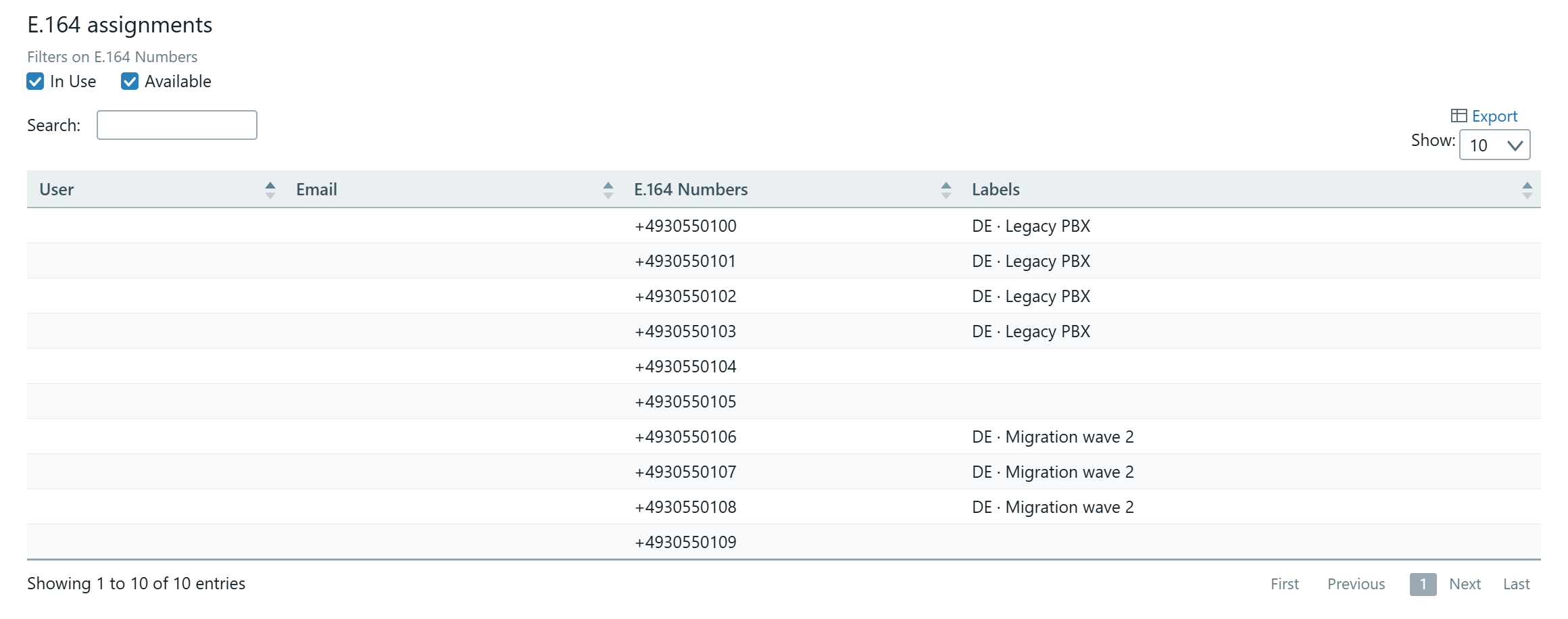 The E.164 assignments table with the columns User, Email, E.164 Numbers and Labels, where several numbers carry the label DE · Legacy PBX.
