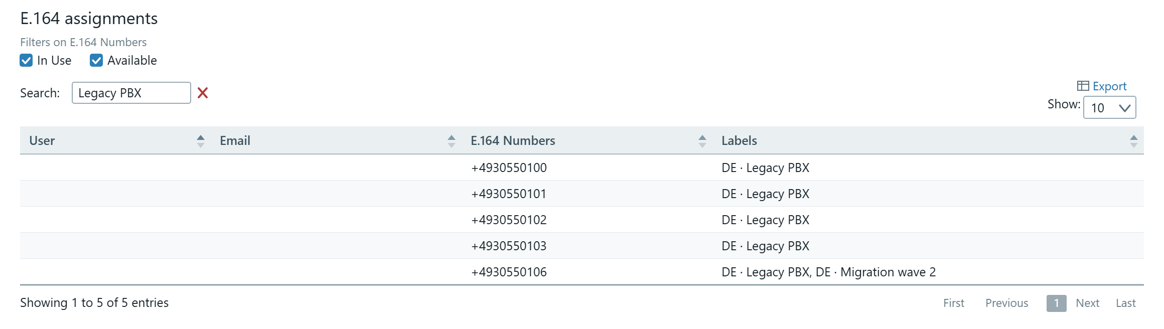 E.164 assignments with a search for Legacy PBX, so the table shows only the five numbers carrying that label.