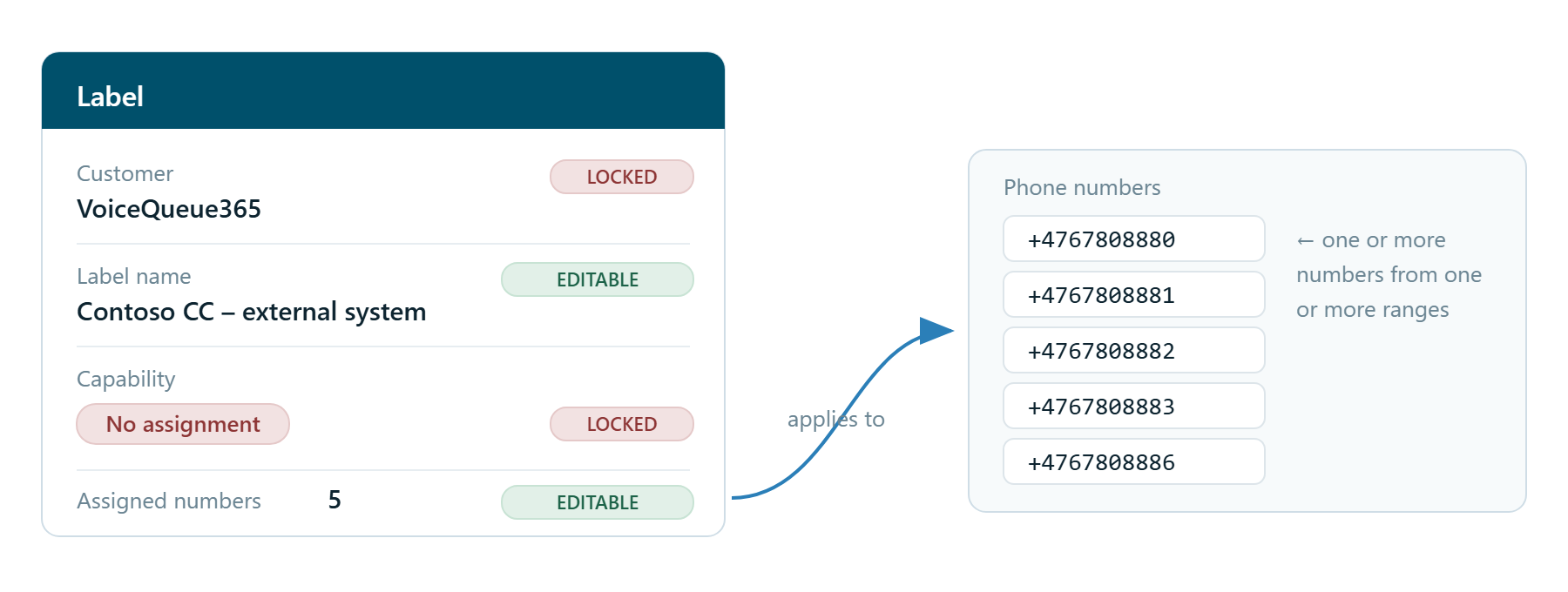 Diagram of a label's four parts: Customer and Capability are locked after creation, while Label name and Assigned numbers can be changed.