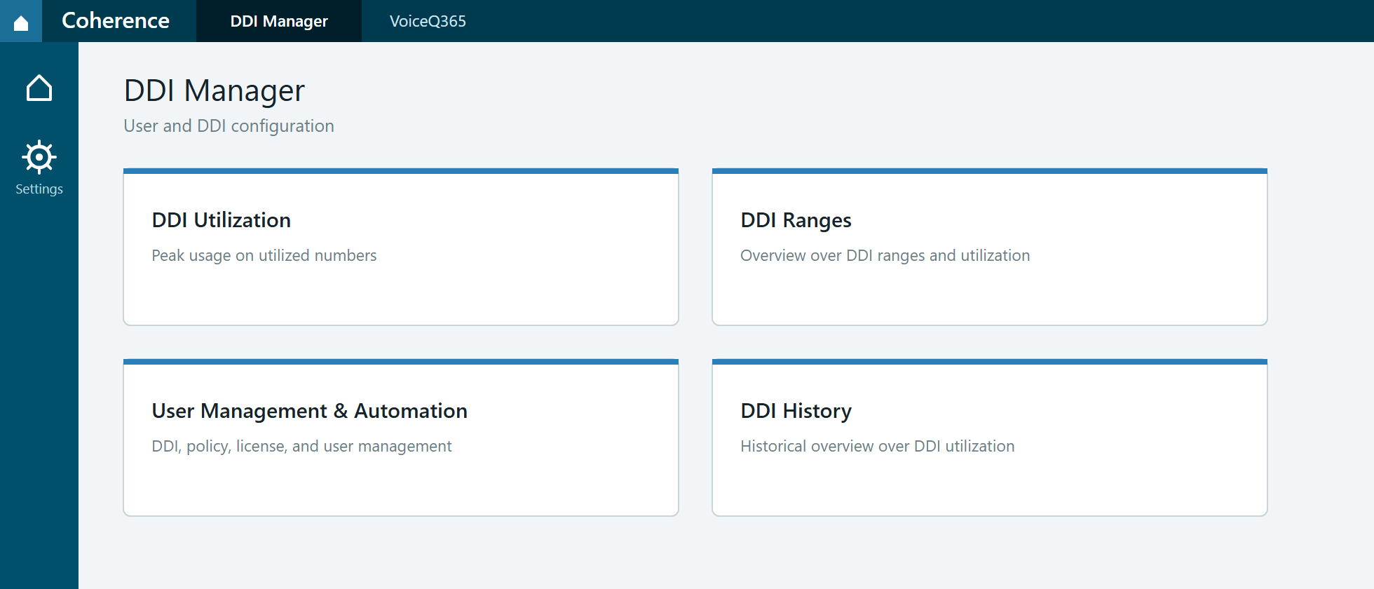 The DDI Manager landing page with the four tiles DDI Utilization, DDI Ranges, User Management and Automation, and DDI History.