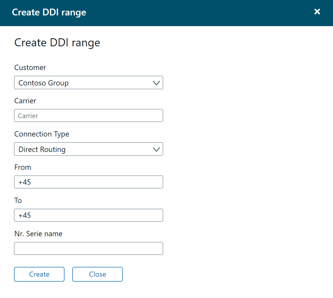 The Create DDI range panel with the fields Customer, Carrier, Connection Type, From, To and Nr. Serie name.