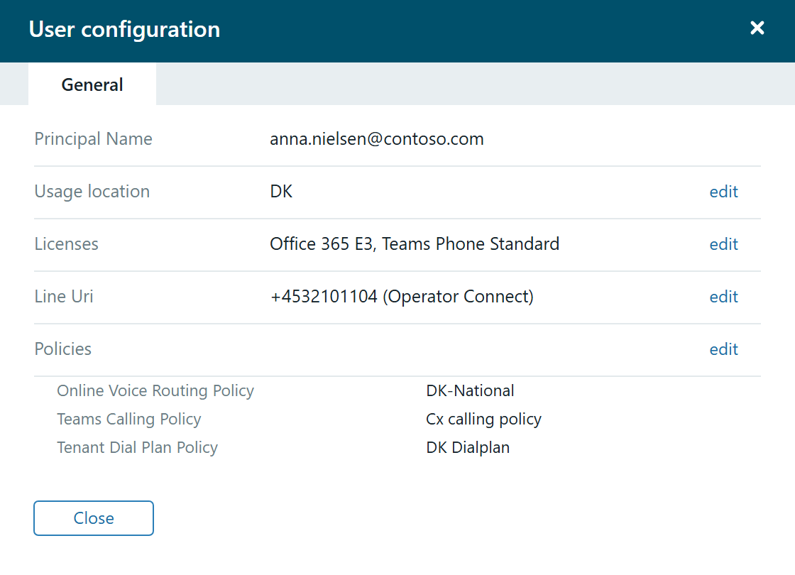 The User configuration panel with the fields Principal Name, Usage location, Licenses, Line Uri and Policies, each with an edit link.