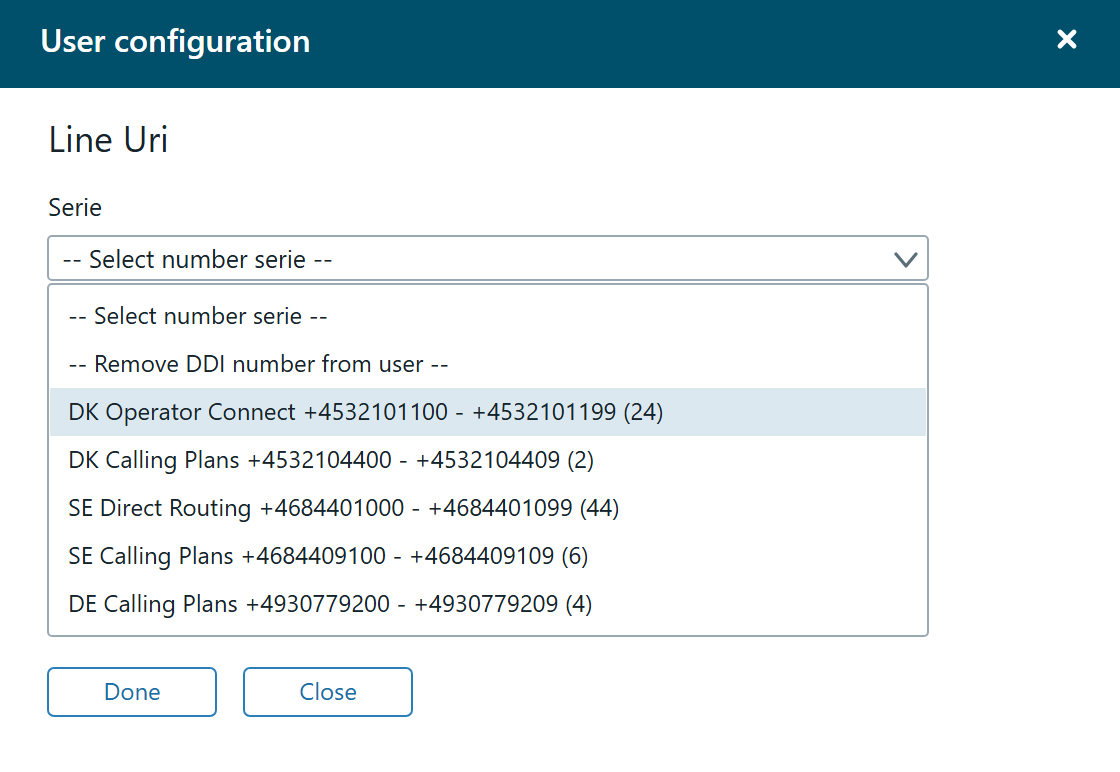 The Serie dropdown with the options Select number serie, Remove DDI number from user, and the number ranges that have available numbers.