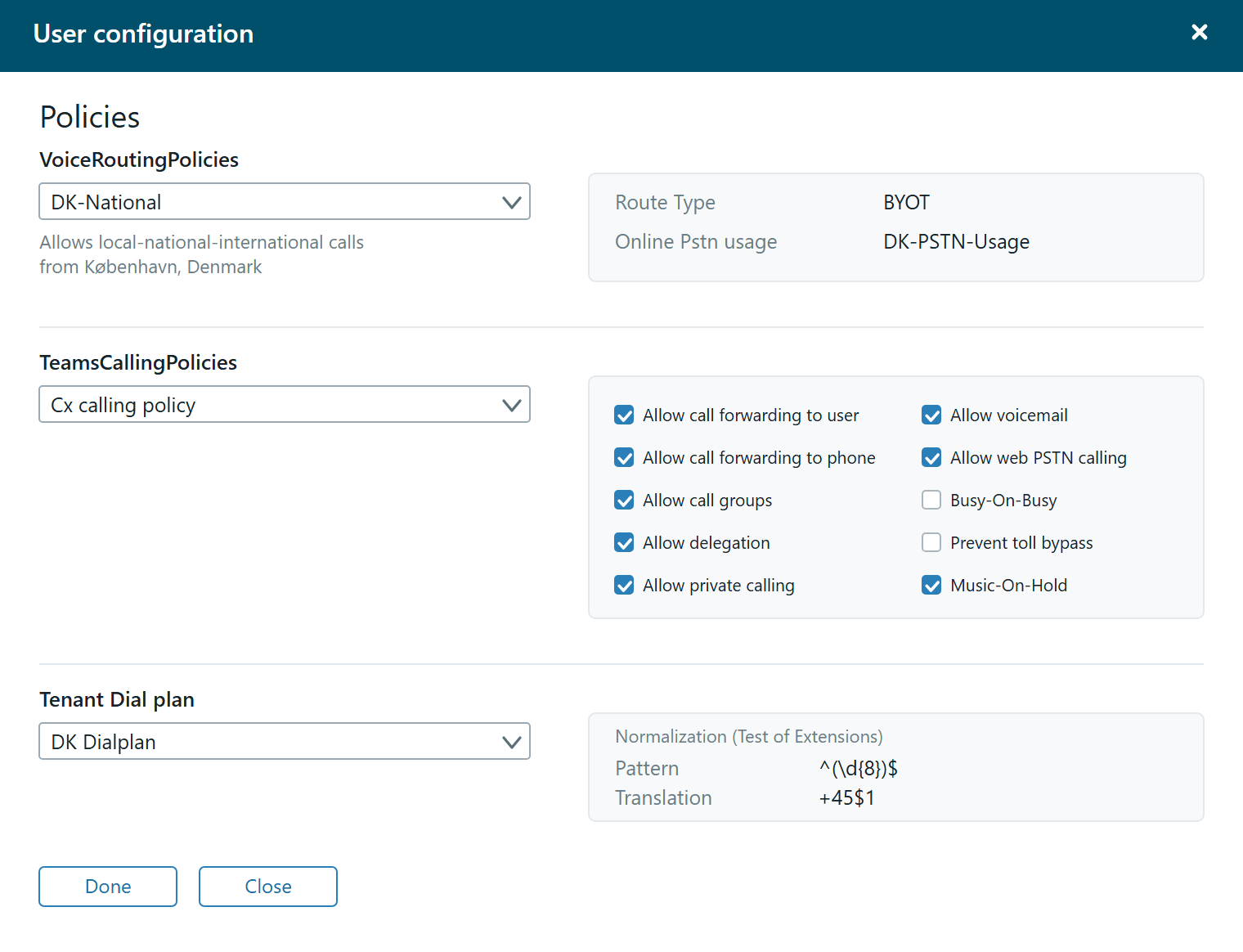 The policy view with the three sections VoiceRoutingPolicies, TeamsCallingPolicies and Tenant Dial plan, each with a dropdown and the policy's effect shown alongside.